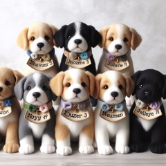 Many stuffed dogs with name tags art realistic harmony used for printing illustrator.