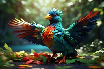 Fototapeta premium a beautiful amazon parrot in the treetops in a tropical rainforest, bright flowers and leaves, exotic plants, vines. Wildlife concept of ecological environment.