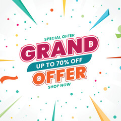 Grand offer, Flash sale promotion. Sale banner with 70 percent off. Special offer limited in time. Get extra discount invitation. Commercial poster, coupon or voucher vector illustration
