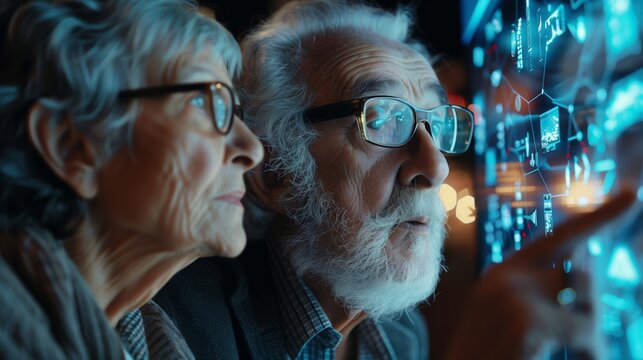 An elderly man and woman are concentrating on a computer touch screen