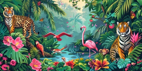 Fantasy Jungle, tropical illustration. wild African animals. Amazon forest animal