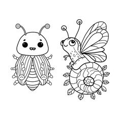 Cute bugs coloring page for kids. Snail and funny beetle.