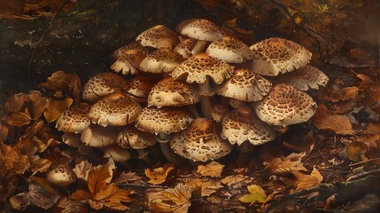 A cluster of earthy mushrooms, their caps dusted with soil, nestles among fallen leaves in a secluded woodland glade, a hidden treasure waiting to be discovered.