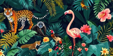 Fantasy Jungle, tropical illustration. wild African animals. Amazon forest animal