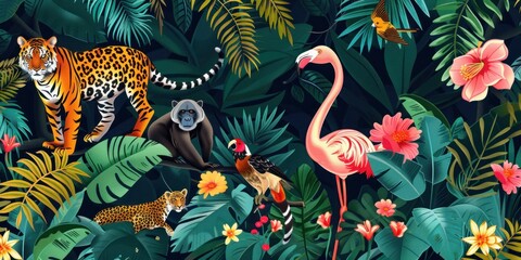 Obraz premium Fantasy Jungle, tropical illustration. wild African animals. Amazon forest animal