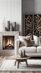 Cozy modern living room with white sofa, wooden coffee table near fireplace and wood stacked on the wall.