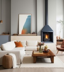 Cozy modern living room with white sofa, wooden coffee table near fireplace and wood stacked on the wall.