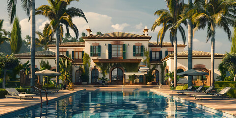 A luxurious Mediterranean villa with terracotta roof tiles and a sprawling courtyard and pool with palm tree ,Elegant Spanish Villa with Sparkling Pool and Lush Palm Tree Surroundings
