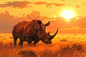 Fototapeta premium A majestic rhino in a field at sunset, perfect for wildlife enthusiasts