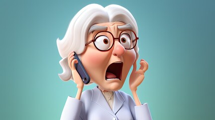 Illustration of an angry grandmother on the phone in 3D