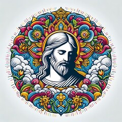 A colorful drawing of a jesus christ with a beard attractive harmony used for printing card design illustrator.