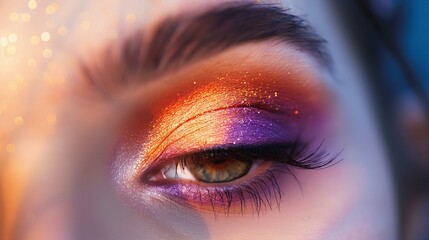 Stunning Close-Up of Fiery Sunset Inspired Eye Makeup with Glitter Accents
