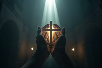 Serene Moment of Worship: Hands Holding a Cross under a Divine Light in a Church