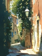 European alleyway, evening, watercolor, intimate lighting, closeup, side angle , illustration style