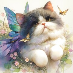 Exotic Shorthair with hummingbird wings, watercolor, garden bliss, fluttering, eye level, radiant colors , realistic watercolor - obrazy, fototapety, plakaty