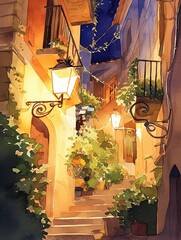 European alleyway, evening, watercolor, intimate lighting, closeup, side angle , illustration style - obrazy, fototapety, plakaty