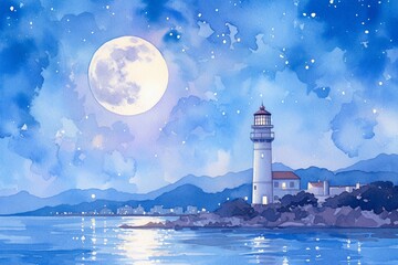 Full moon over lighthouse, watercolor, silver light, reflective sea, night tranquility, side view , realistic watercolor - obrazy, fototapety, plakaty