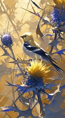 Goldfinch on thistle, watercolor, bright yellows and blacks, delicate thistle detail, natural setting, side angle , illustration style - obrazy, fototapety, plakaty