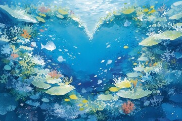 Heartshaped coral reef, watercolor, underwater, colorful fish, clear waters, birdseye view , illustration style - obrazy, fototapety, plakaty