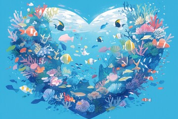 Heartshaped coral reef, watercolor, underwater, colorful fish, clear waters, birdseye view , illustration style - obrazy, fototapety, plakaty