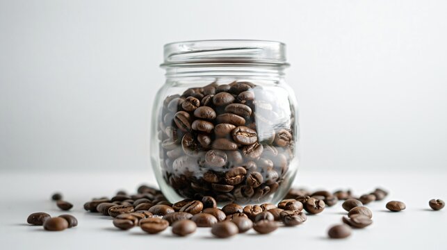 Closeup of roasted coffee beans in a glass jar on white background