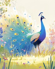 Peacock display, watercolor, iridescent tail feathers, proud stance, side view, lush garden setting , illustration style - obrazy, fototapety, plakaty
