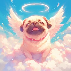 Pug with angel wings, watercolor, clouds backdrop, blissful smile, front view, soft hues - obrazy, fototapety, plakaty
