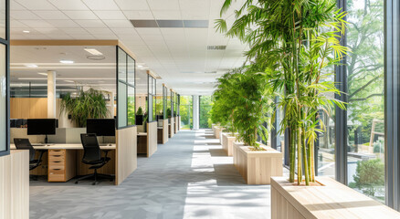 Naklejka premium The office space is spacious, bright and modern with a white ceiling, large windows on the right side overlooking greenery outside. The floor has light grey carpeting.