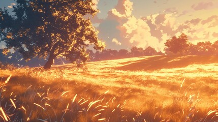 Rolling hills at sunset, watercolor, warm glow, peaceful horizon, low angle, soft shadows  - obrazy, fototapety, plakaty
