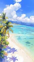 Tropical beach at midday, realistic watercolor, saturated colors, overhead sun, high angle , illustration style - obrazy, fototapety, plakaty