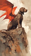 Weimaraner with dragon wings, watercolor, rocky terrain, poised for flight, side view, dawn light , illustration style - obrazy, fototapety, plakaty