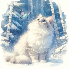 Siberian cat with butterfly wings, watercolor, snowy forest edge, playful exploration, eye level, winter morning , realistic watercolor - obrazy, fototapety, plakaty
