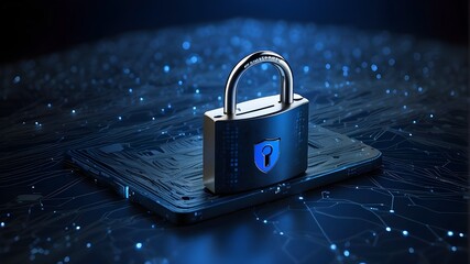 Cybersecurity is represented by the dark blue background with the digital padlock, emphasizing how crucial it is to shield computer systems and networks from fraud, illegal access, and data breaches.