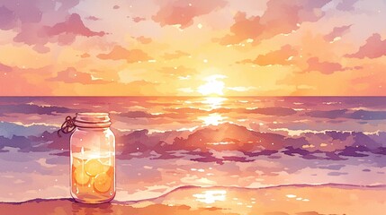 Sunrise at sea in jar, watercolor, orange sky, calm waves, on white, dawn serenity , illustration style - obrazy, fototapety, plakaty