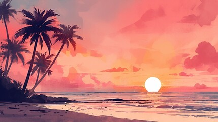 Tropical beach sunset, watercolor, palm silhouettes, pink and orange sky, tranquil sea, side view , realistic watercolor - obrazy, fototapety, plakaty