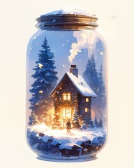 Winter cabin in jar, watercolor, smoke from chimney, snowcovered, on white, evening glow , minimalist - obrazy, fototapety, plakaty