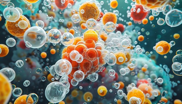 biotech enzymes acting on food particles, top view, Enzyme activity zoom, sci fi tone, Complementary Color Scheme