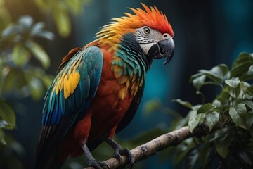 Fototapeta premium a beautiful amazon parrot in the treetops in a tropical rainforest, bright flowers and leaves, exotic plants, vines. Wildlife concept of ecological environment.
