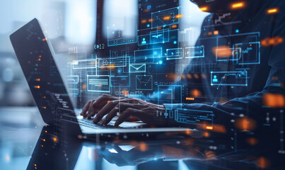 Businessman Managing Digital Files on Laptop - Document Management System, Enterprise Content, Paperless Workflow, Data Search, Cloud Technology