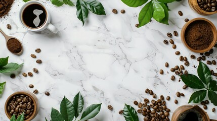 Frame made of coffee beans and various tools and ingredients for coffee making on the white background with copy space in the center