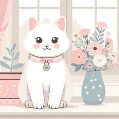 Fototapeta premium A cat sitting on a window sill with flowers in a vase harmony lively has illustrative meaning used for printing illustrator.