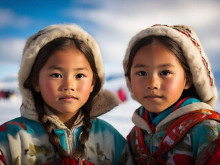 Inuit Children in Traditional Clothes 