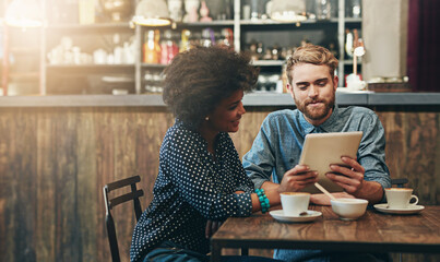Smile, man and woman in cafe with tablet, social media, relax and networking connection at table....