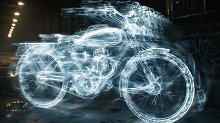 Obraz premium Ghostly, translucent motorcycle with a classic design, captured in a long exposure photograph that gives it a motion-blurred appearance