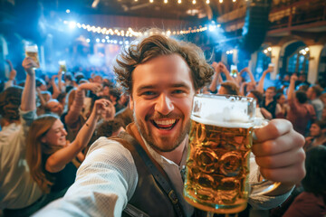 Smiling young man taking a selfie with a beer mug at Oktoberfest, surrounded by a festive crowd and vibrant decorations in a party during the festival.
