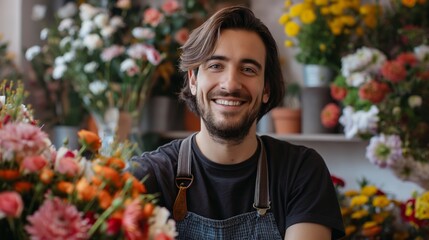 Handsome Italian male florist smiling while arranging flowers in a colorful floral shop.