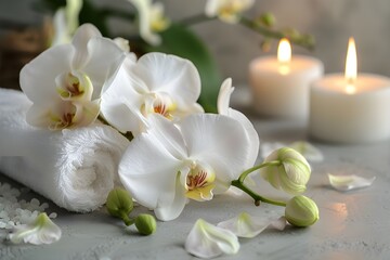 a marble table adorned with candles, orchids, and white towels. picture used to promote SPA services and fragrances.
