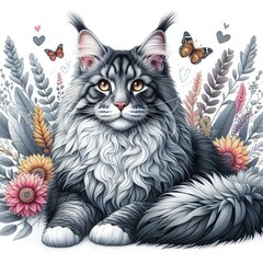 A cat with flowers and butterflies photo lively has illustrative meaning used for printing illustrator.