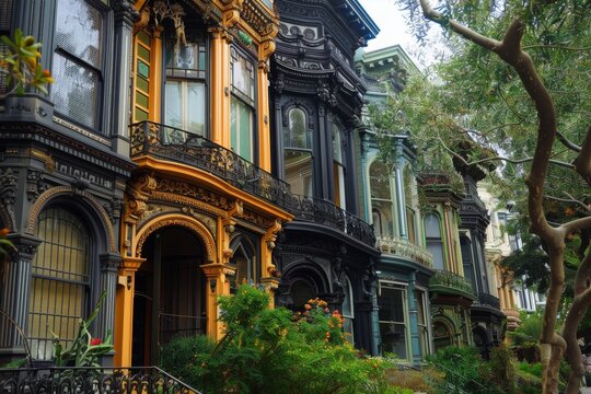 Architectural Details, Victorian-era Row Houses with Intricate Ironwork and Bay Windows