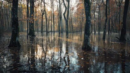 A submerged woodland displaying muted tones